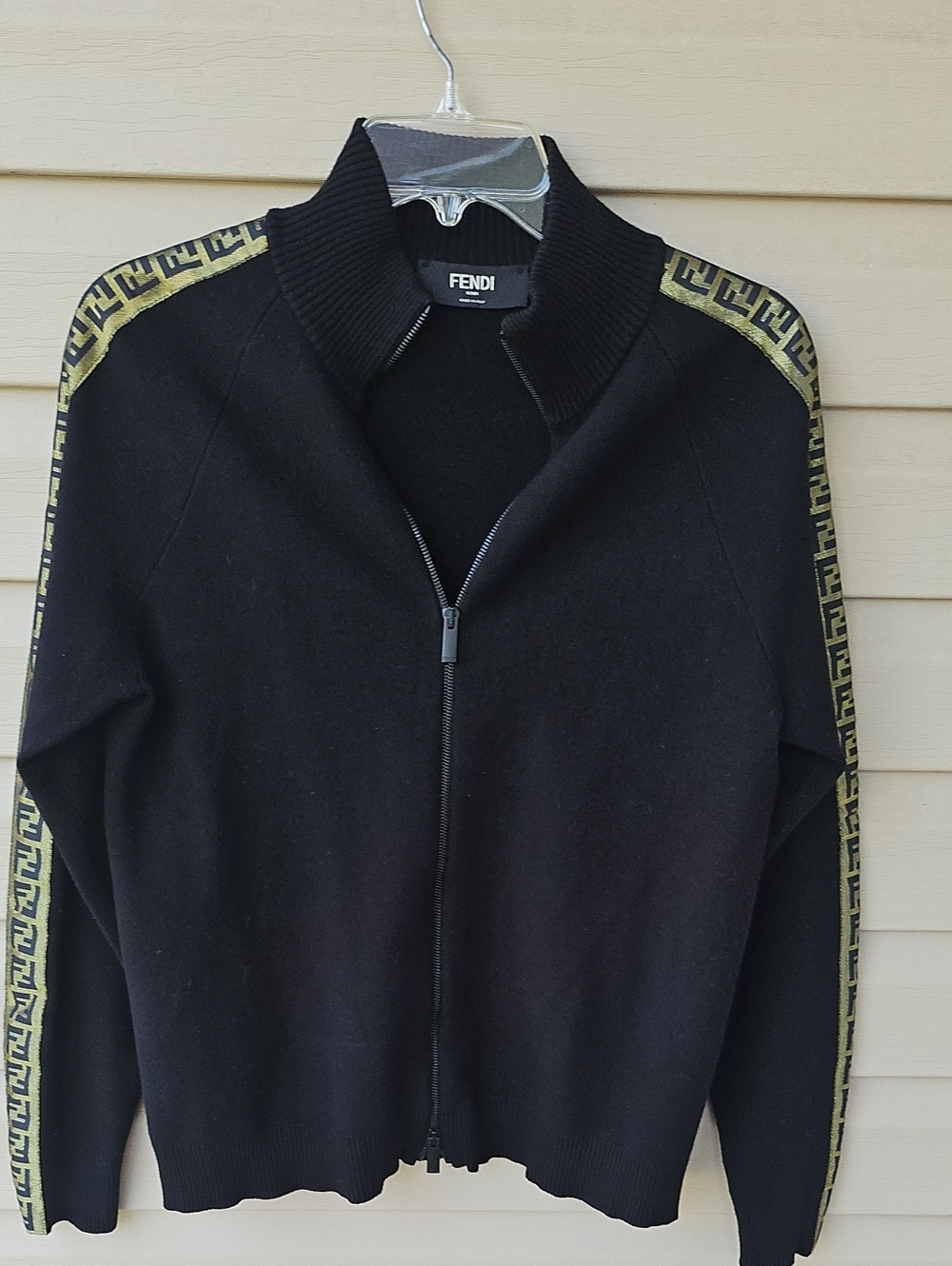 Fendi Black Men's Zip-Up Sweater with Gold FF Tape